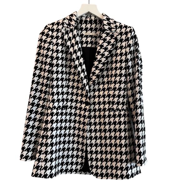 Alice + Olivia Breann Long Fitted Blazer Houndstooth Black White - Picture 6 of 11